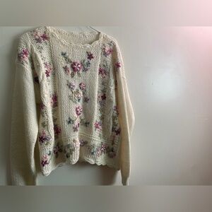 Handmade Vintage Embroidered Sweater – Pastel Floral – M